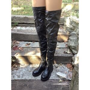 Azalea Wang Black Thigh High Boots Women's 8 Chunky Heel Stretch Faux Leather